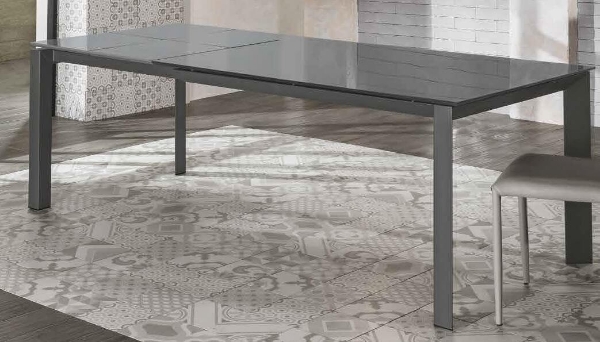 Picture of Dining table om/146/g, stones, top glass 'vetro grigio', metal base in grey, dimensions 220x140x90cm, extendable