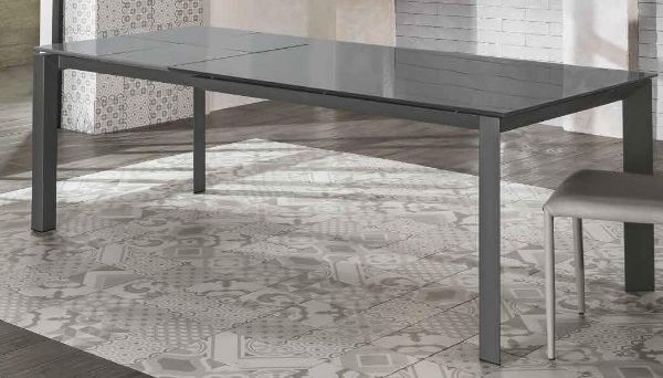 Picture of Dining table om/146/g, stones, top glass 'vetro grigio', metal base in grey, dimensions 220x140x90cm, extendable