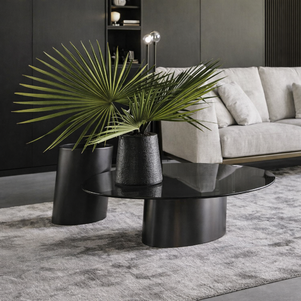 Picture of Coffee table pisa medium, bonaldo, metal base, glass top, brown nickel