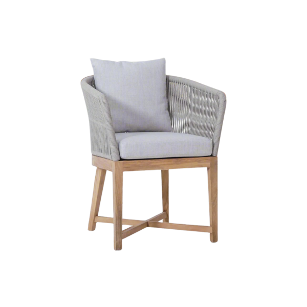 Picture of Chair with armrest, belair, teak natural, rattan light grey, with 2 cushions fossil, 55x61.5x77.5cm