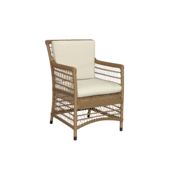 Picture of Chair with armrest, ibiza, aluminium caramel, rattan camel, with 2 cushions champagne, (s&b) 55x61x85cm