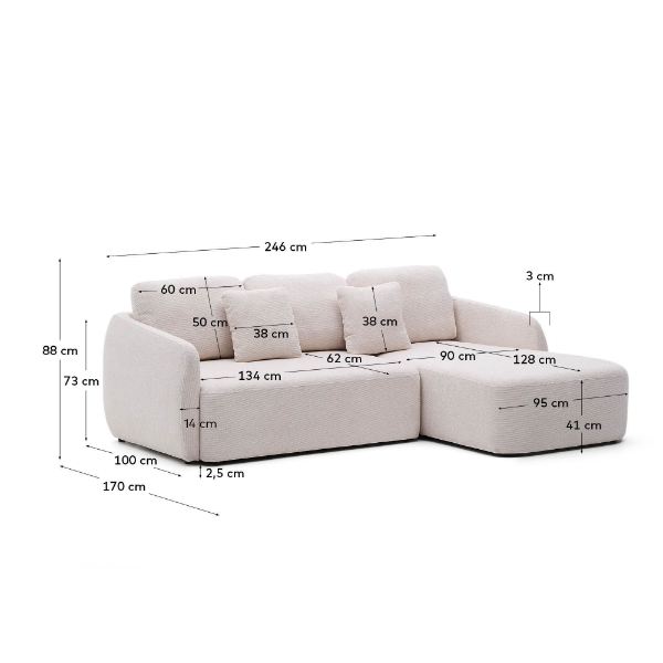 Picture of Divan-krevat Laira 3-vendësh me chaise longue në anën e djathtë, i veshur me chenille ecru, 246 cm, FSC Mix Credit